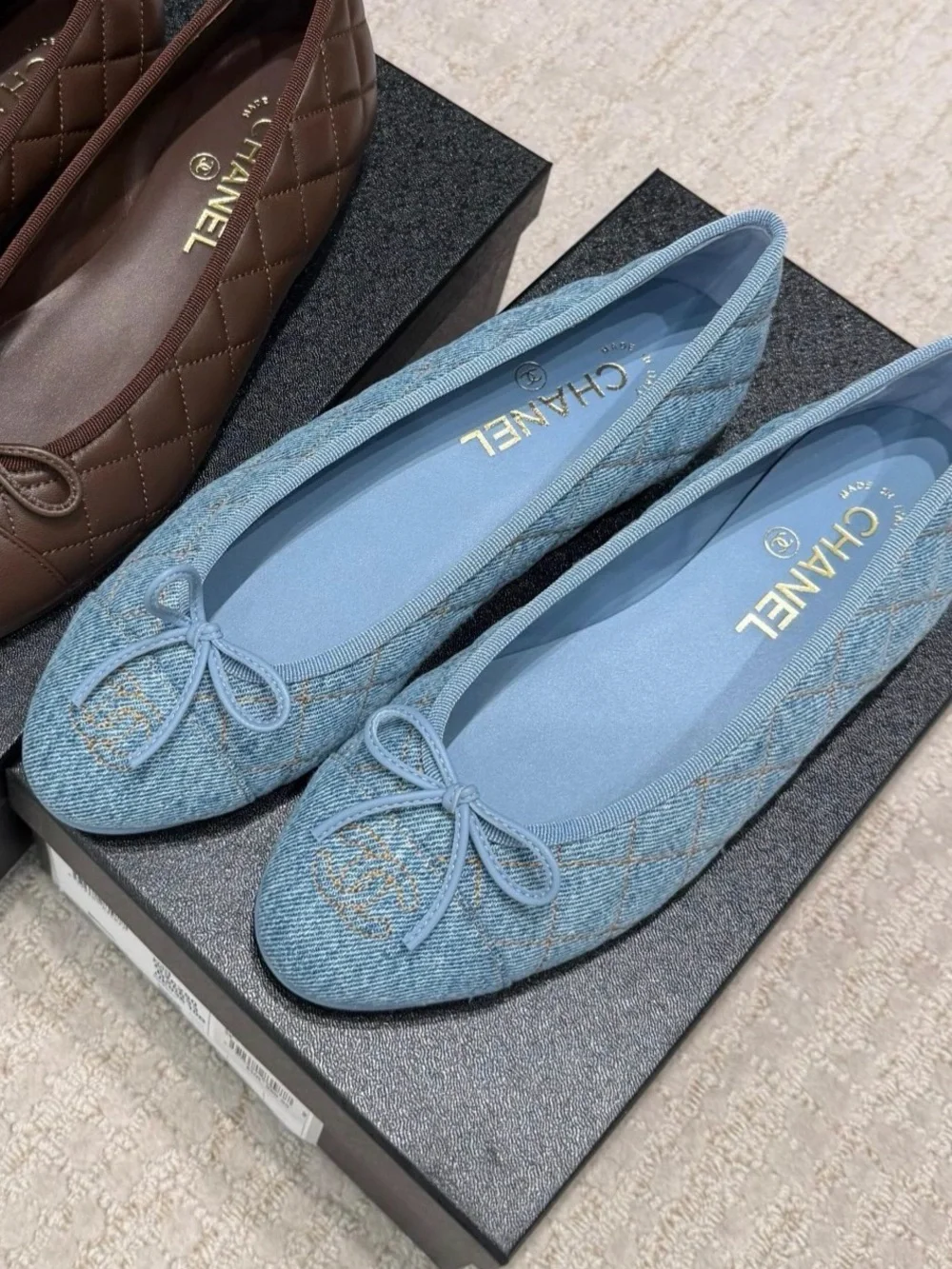 CHANEL Light Blue & G Quilted Denim ballet flats NIB NWT size 38